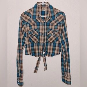 True Religion Mens Plaid Button Down, US XL, Turquoise/Brown